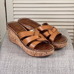 Sam Edelman Raynere Cognac Brown Leather Cork Heel Wedge Slide Women's Size 8.5